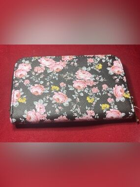 New Black Floral Zip-Around Wallet with Pink Roses